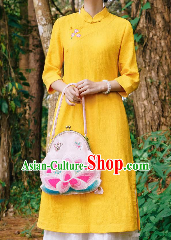 Chinese Traditional Stand Collar Yellow Qipao Dress National Young Lady Embroidered Cheongsam Costume