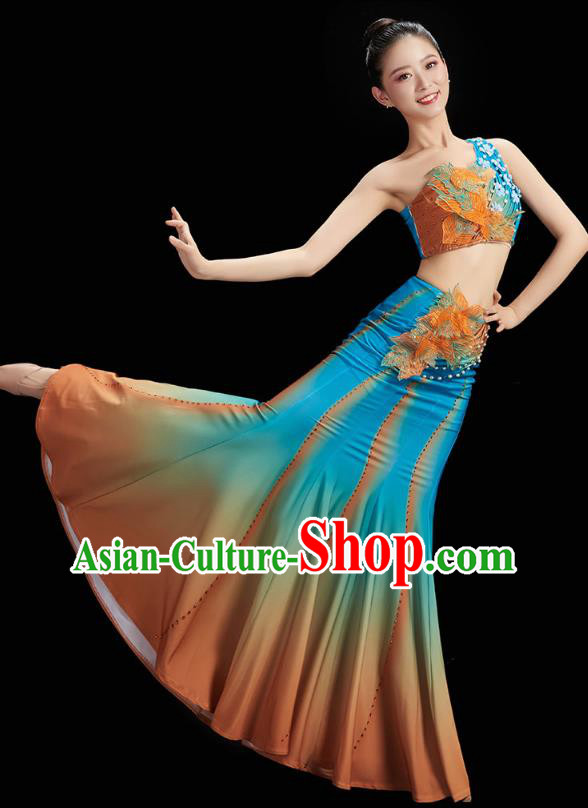 Chinese Yunnan Ethnic Peacock Dance Blue Dress Outfits Traditional Dai Nationality Folk Dance Costumes