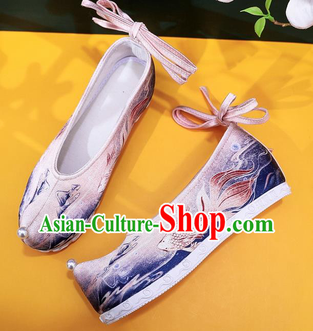 China Handmade Ming Dynasty Princess Shoes Classical Goldfish Pattern Pink Satin Shoes Traditional Hanfu Shoes