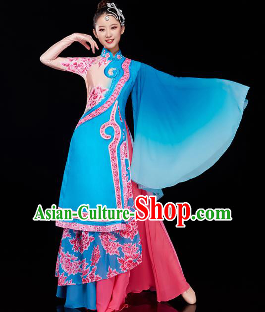 China Classical Dance Blue Dress Traditional Woman Solo Dance Costume Umbrella Dance Clothing