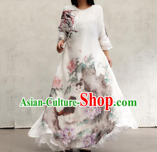 Chinese Traditional National Woman Costume Printing Peony Cat White Flax Qipao Dress