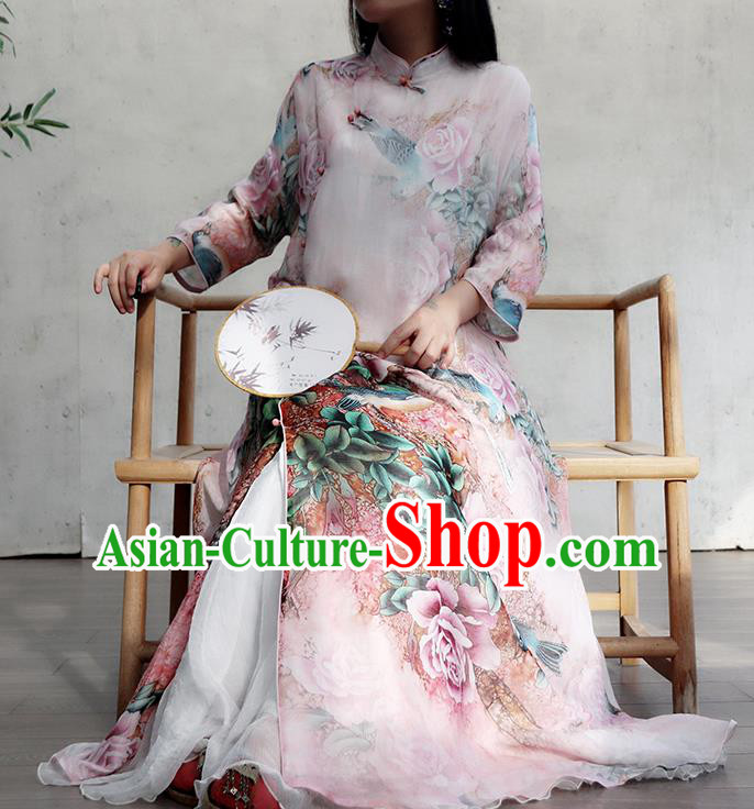 Chinese Traditional Stand Collar Flax Cheongsam National Woman Costume Printing Rose Lilac Qipao Dress