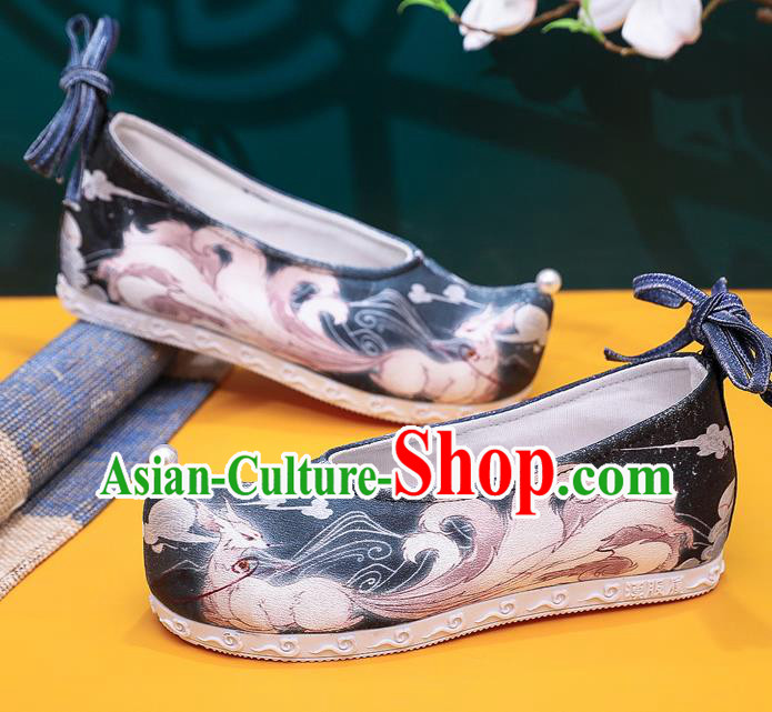 China Traditional Ming Dynasty Hanfu Shoes Handmade Ancinet Princess Shoes Classical Nine Tail Fox Pattern Black Cloth Shoes