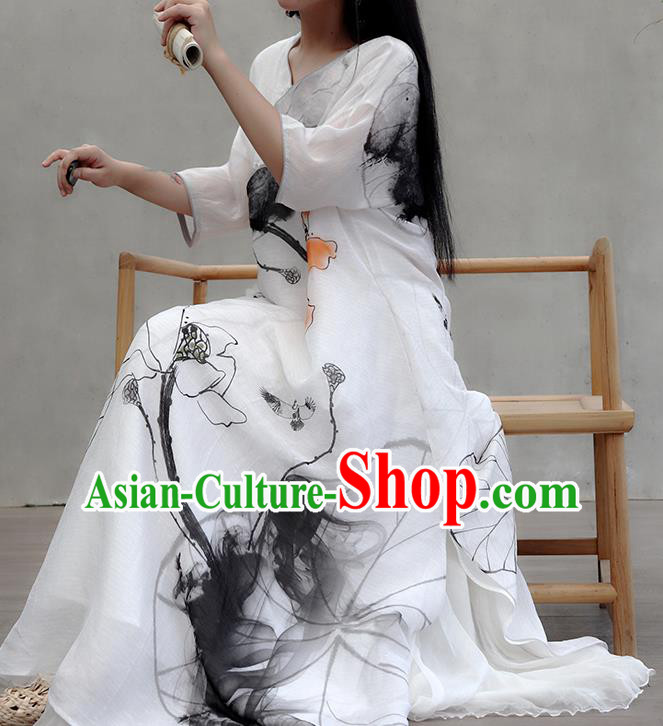 Chinese Traditional Ink Painting Lotus Qipao Dress Woman Costume National Tang Suit White Cheongsam