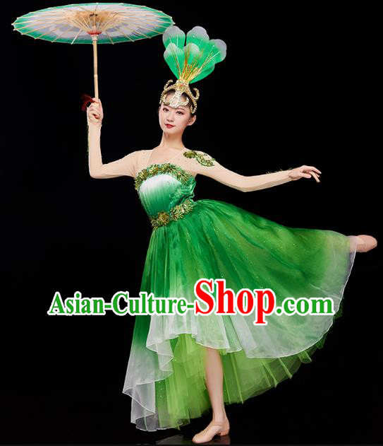 Chinese Woman Group Dance Green Dress Traditional Spring Festival Gala Peony Dance Costume