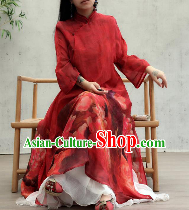 Chinese National Tang Suit Cheongsam Female Costume Traditional Printing Peacock Peony Red Qipao Dress