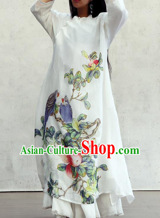 Chinese Traditional Printing Apple White Qipao Dress Woman Costume National Slant Opening Cheongsam