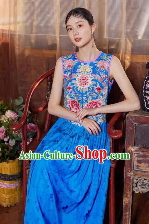 Chinese Traditional Embroidered Dress National Woman Tang Suit Blue Silk Cheongsam Costume