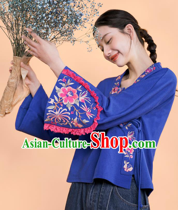 Chinese Embroidered Outer Garment National Tang Suit Deep Blue Jacket Traditional Woman Costume