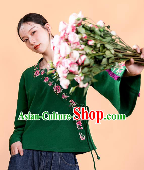 Chinese Traditional National Woman Costume Tang Suit Outer Garment Embroidered Deep Green Jacket
