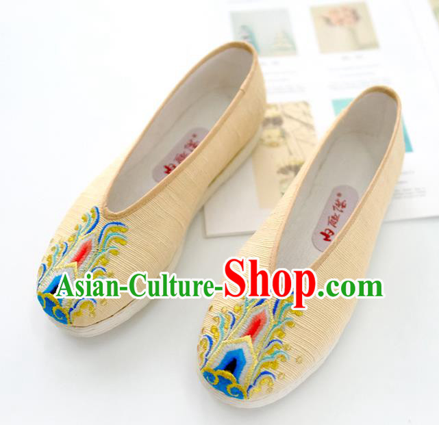 China Traditional Folk Dance Shoes Handmade National Woman Shoes Embroidered Yellow Cloth Shoes