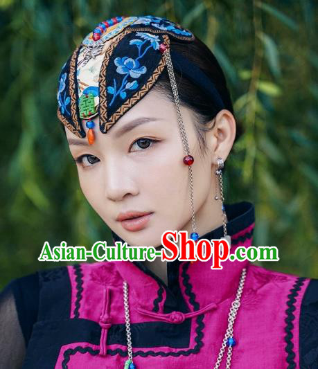 China Handmade National Folk Dance Tassel Headwear Traditional Ethnic Wedding Embroidered Hair Clasp