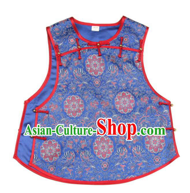 Chinese Traditional Top Garment National Woman Vest Costume Tang Suit Blue Brocade Waistcoat