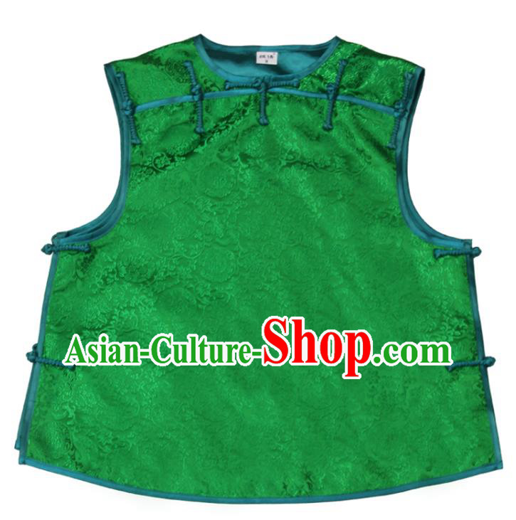 Chinese National Woman Vest Costume Tang Suit Green Brocade Waistcoat Traditional Top Garment
