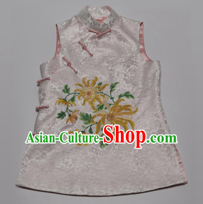 Chinese Tang Suit Upper Outer Garment Traditional Embroidered Chrysanthemum Waistcoat National White Brocade Vest