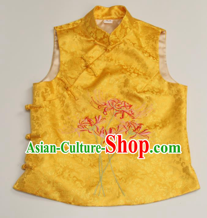Chinese Tang Suit Upper Outer Garment Traditional Embroidered Manjusaka Waistcoat National Golden Brocade Vest