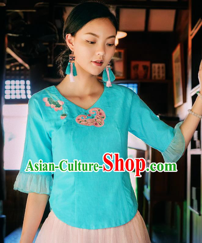 China Traditional Embroidered Blue Blouse National Woman Shirt Clothing Tang Suit Upper Outer Garment