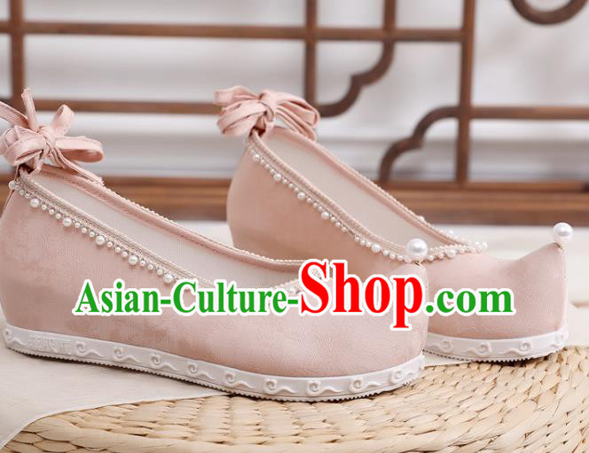 China Handmade Pearls Bow Shoes National Pink Cloth Shoes Traditional Ming Dynasty Hanfu Shoes