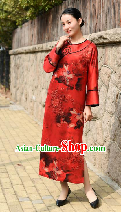 Chinese Traditional Printing Lotus Qipao Dress Costume National Young Lady Red Silk Cheongsam