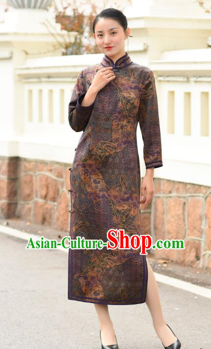 Chinese Traditional Stand Collar Qipao Dress Costume National Young Lady Purple Silk Cheongsam