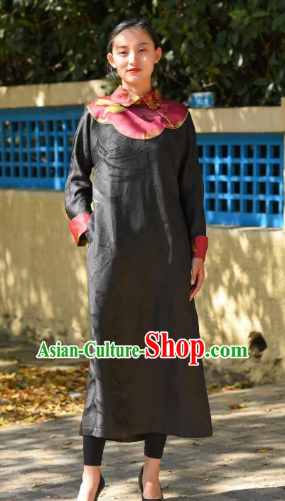Chinese Traditional Stand Collar Qipao Dress Costume National Young Lady Black Silk Cheongsam