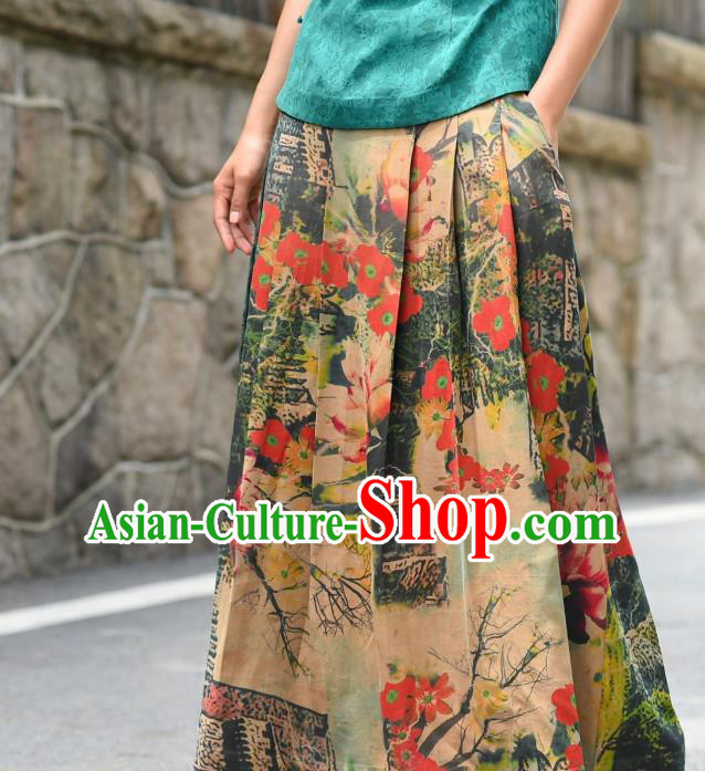China National Woman Gambiered Guangdong Gauze Skirt Traditional Printing Flowers Silk Bust Skirt Costume