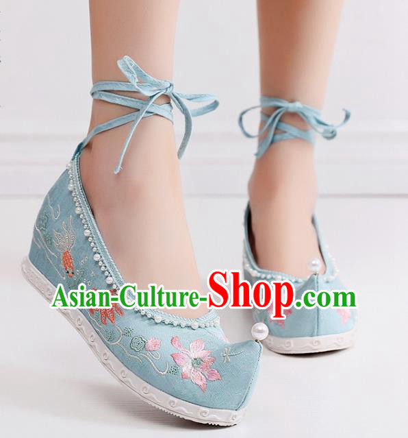 China National Embroidered Lotus Shoes Traditional Ming Dynasty Princess Shoes Handmade Hanfu Blue Cloth Bow Shoes