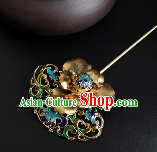 China Ancient Imperial Concubine Golden Peony Hairpin Traditional Qing Dynasty Court Cloisonne Hair Stick