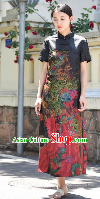 Chinese Traditional Stand Collar Qipao Dress Costume National Young Lady Printing Phoenix Peony Black Cheongsam
