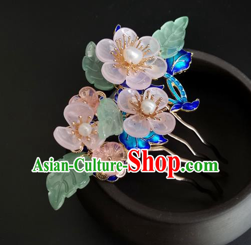 China Ancient Princess Pink Flowers Hairpin Traditional Qing Dynasty Cloisonne Hair Comb
