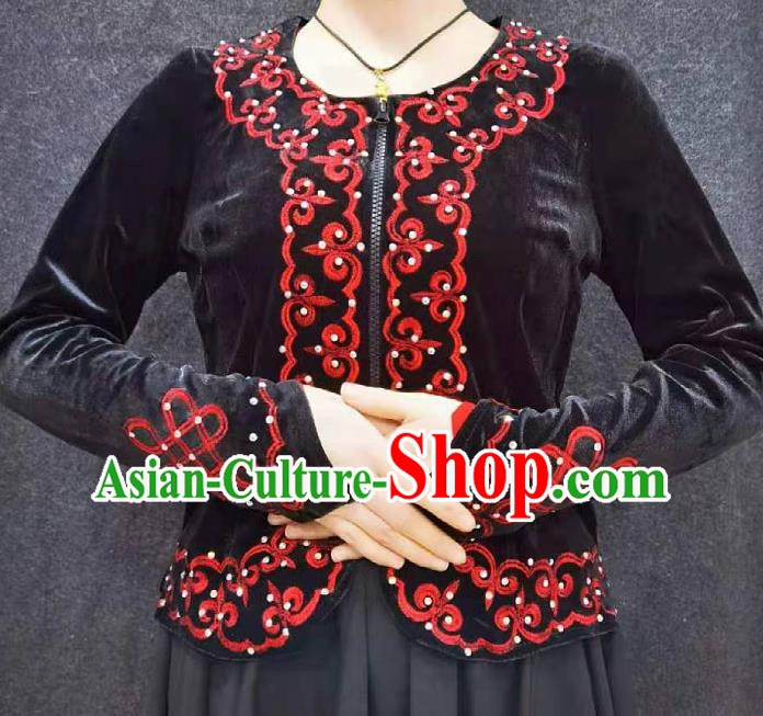 China Ethnic Woman Clothing Xinjiang Performance Black Velvet Blouse Traditional Uygur Nationality Dance Shirt