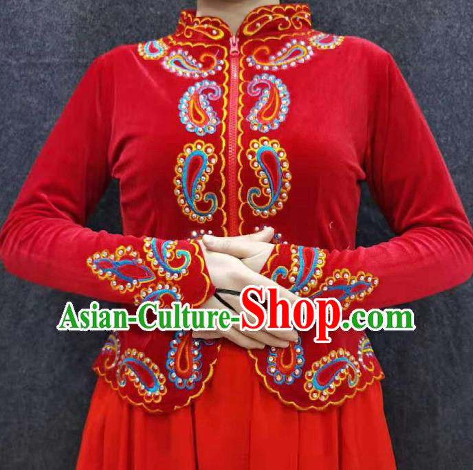 China Xinjiang Performance Red Velvet Blouse Traditional Uygur Nationality Dance Shirt Ethnic Woman Clothing