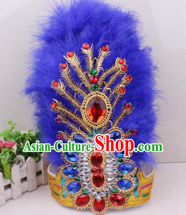 Chinese Xinjiang Ethnic Folk Dance Hair Accessories Traditional Uygur Nationality Royalblue Feather Hat
