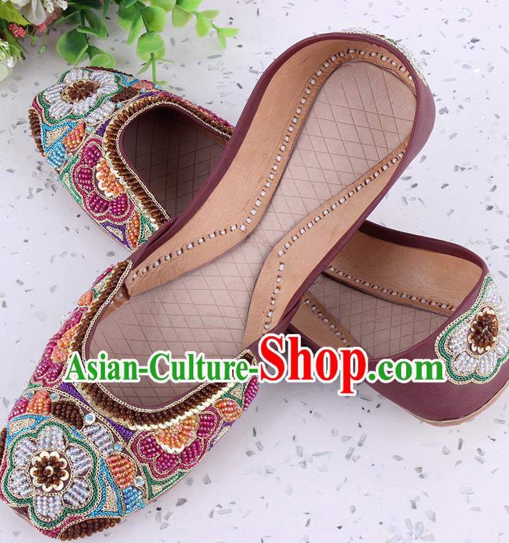 Asian Traditional Wedding Leather Shoes Indian Folk Dance Shoes Handmade Embroidery Beads Shoes