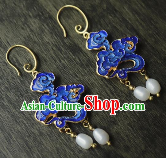 Chinese Traditional Qing Dynasty Court Blueing Cloud Ear Jewelry Ancient Imperial Concubine Earrings