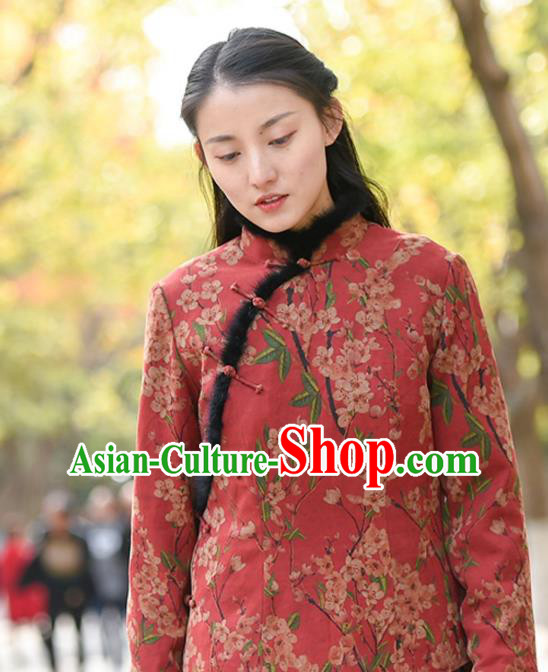 China National Woman Outer Garment Clothing Tang Suit Red Overcoat Traditional Cotton Wadded Jacket