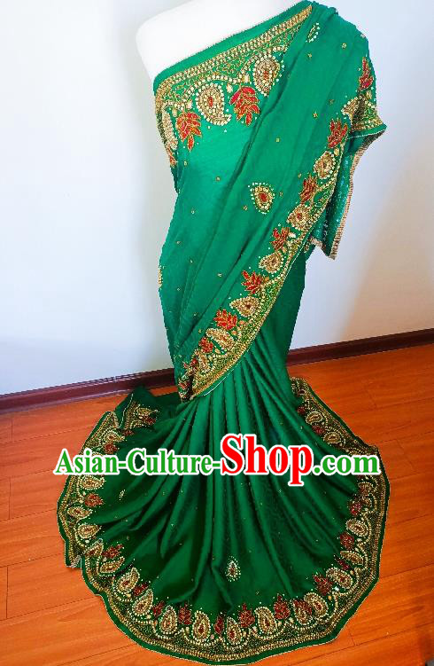 Indian Traditional Female Costume Asian India Stage Performance Embroidered Green Sari Dress