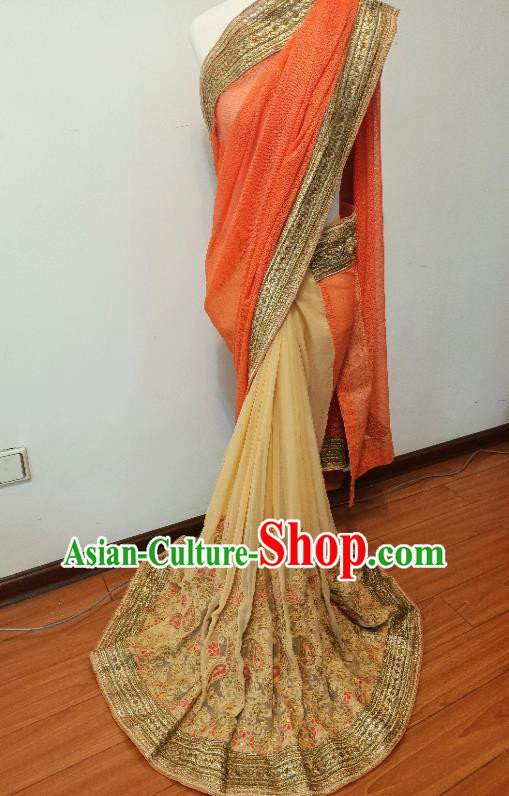 Asian India Stage Performance Embroidery Yellow Sari Dress Indian Traditional Woman Costume