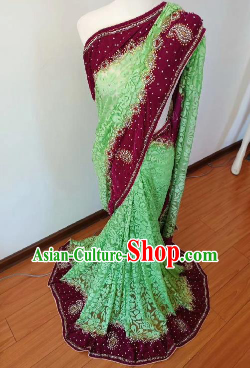 Indian Traditional Folk Dance Costume Asian India Festival Performance Purple and Green Sari Dress