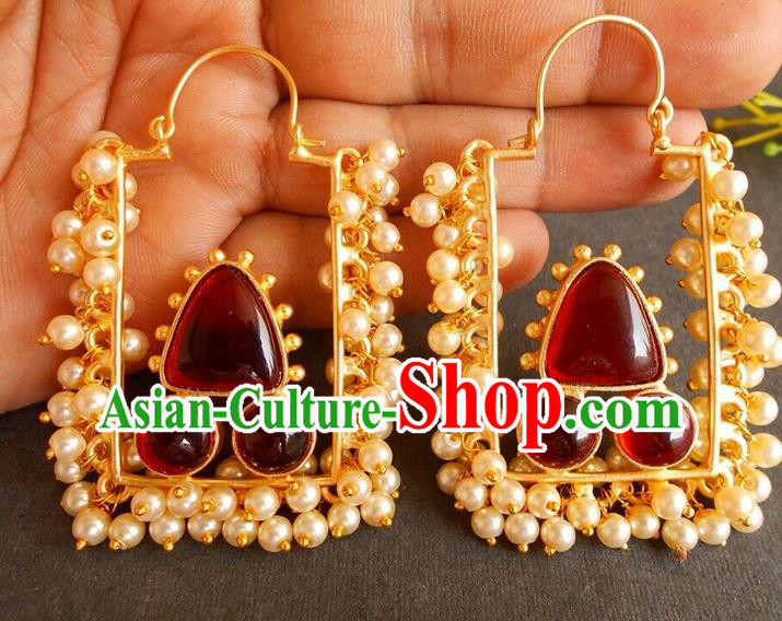 Asian Indian Bollywood Performance Pearls Earrings India Folk Dance Garnet Ear Accessories
