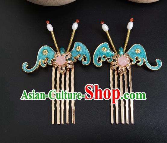 China Ancient Court Maid Hairpin Traditional Ming Dynasty Palace Blue Bat Hair Combs