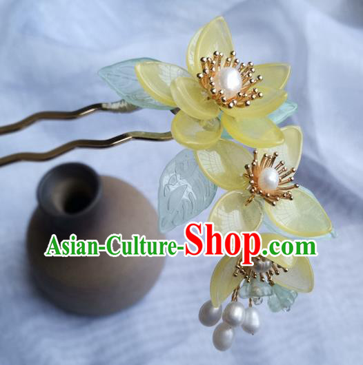 China Ancient Princess Yellow Lotus Hairpin Traditional Song Dynasty Pearls Hair Stick