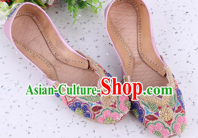 Indian Folk Dance Shoes Asian Handmade Embroidery Beads Pink Shoes Traditional Court Leather Shoes
