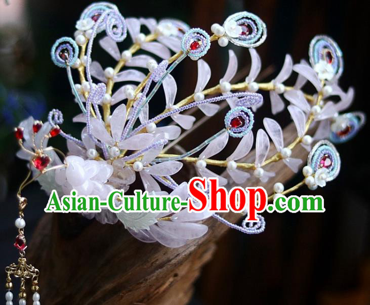 Chinese Ancient Empress Pearls Tassel Hairpin Traditional Ming Dynasty Pink Quartz Phoenix Hair Crown
