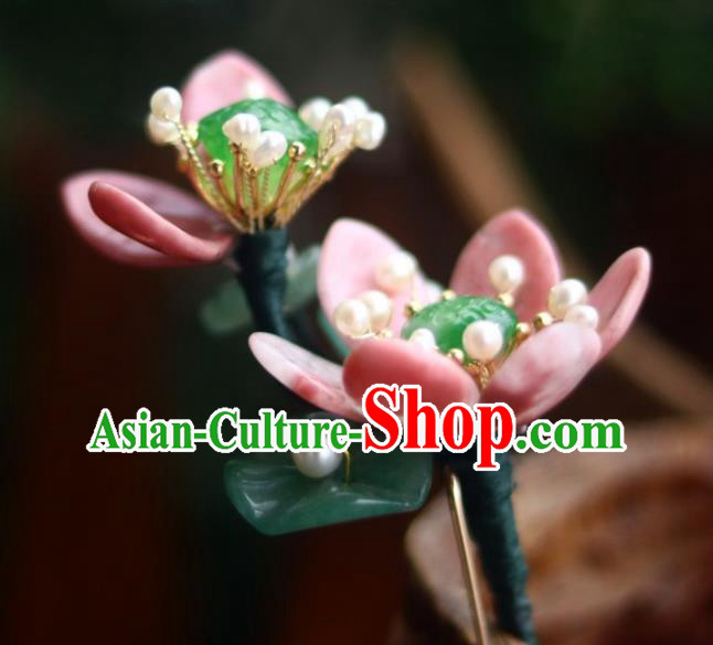 Chinese Ancient Princess Pearls Hairpin Traditional Song Dynasty Pink Flowers Hair Stick