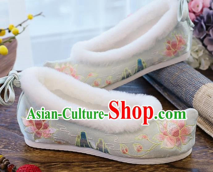 China Handmade Ming Dynasty Bow Shoes National Winter Embroidered Lotus Shoes Traditional Light Blue Shoes