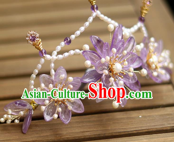Chinese Ancient Empress Amethyst Chrysanthemum Hairpin Traditional Song Dynasty Court Pearls Hair Crown