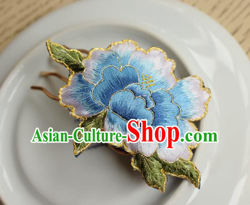 China Handmade Classical Cheongsam Hair Comb National Embroidered Light Blue Peony Hairpin