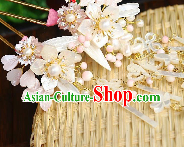 Chinese Ancient Princess Shell Tassel Hairpin Traditional Song Dynasty Court White Sakura Hair Stick