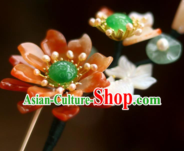 Chinese Ancient Queen Shell Goldfish Hairpin Traditional Song Dynasty Empress Red Lotus Hair Stick